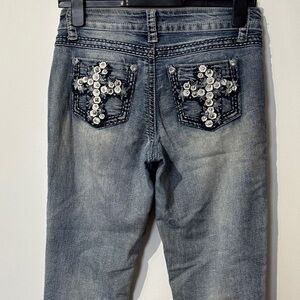 Suko Jeans Y2K Stylish Low Waist Blue Boot Cut Jeans with Cross Embellishments